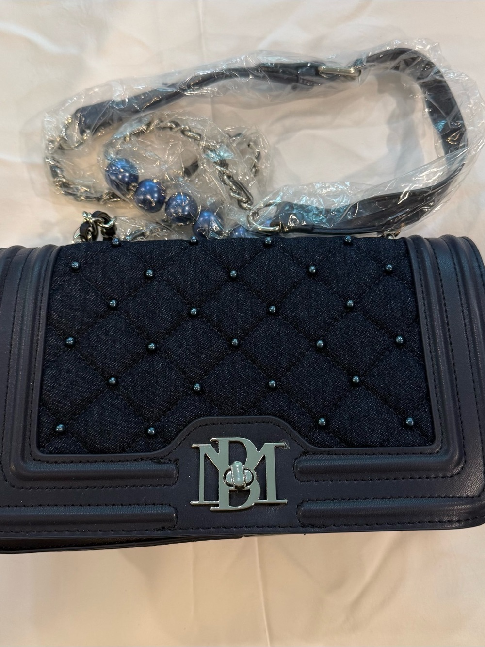 Badgley Mischka Quilted Denim Navy Crossbody with Stud Accents